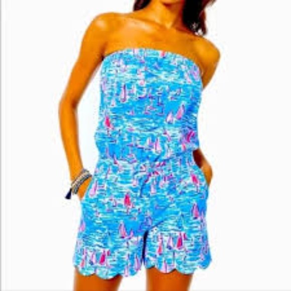 Lilly Pulitzer Pants - Lilly Pulitzer NWT Jace Romper Zanzibar Blue It’s A Sailabration Strapless Large